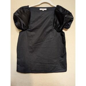 Tibi $395 Satin Puff Sleeve‎ Top Square Neck Cotton Blouse Black Size 2